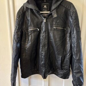 Women’s Rock & Republic Black Faux Leather Jacket with Detachable soft Hood